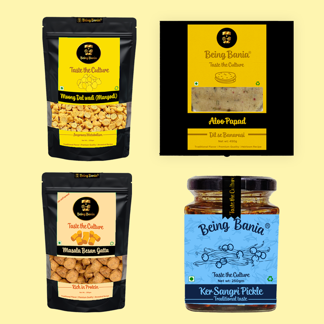 Best Seller Combo - Ker Sangri Pickle , Aloo Papad , Moong Dal Mangodi and Besan Gatta