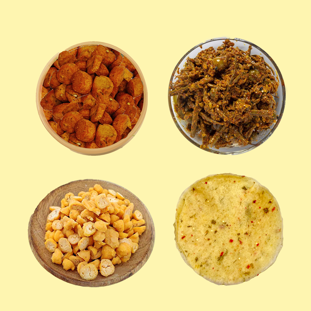 Best Seller Combo - Ker Sangri Pickle , Aloo Papad , Moong Dal Mangodi and Besan Gatta