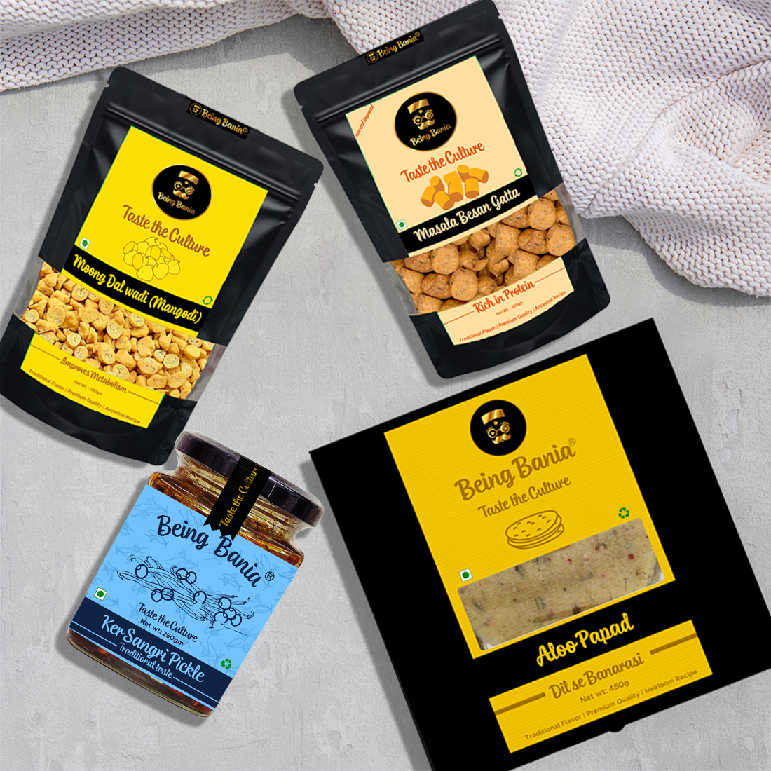 Best Seller Combo - Ker Sangri Pickle , Aloo Papad , Moong Dal Mangodi and Besan Gatta