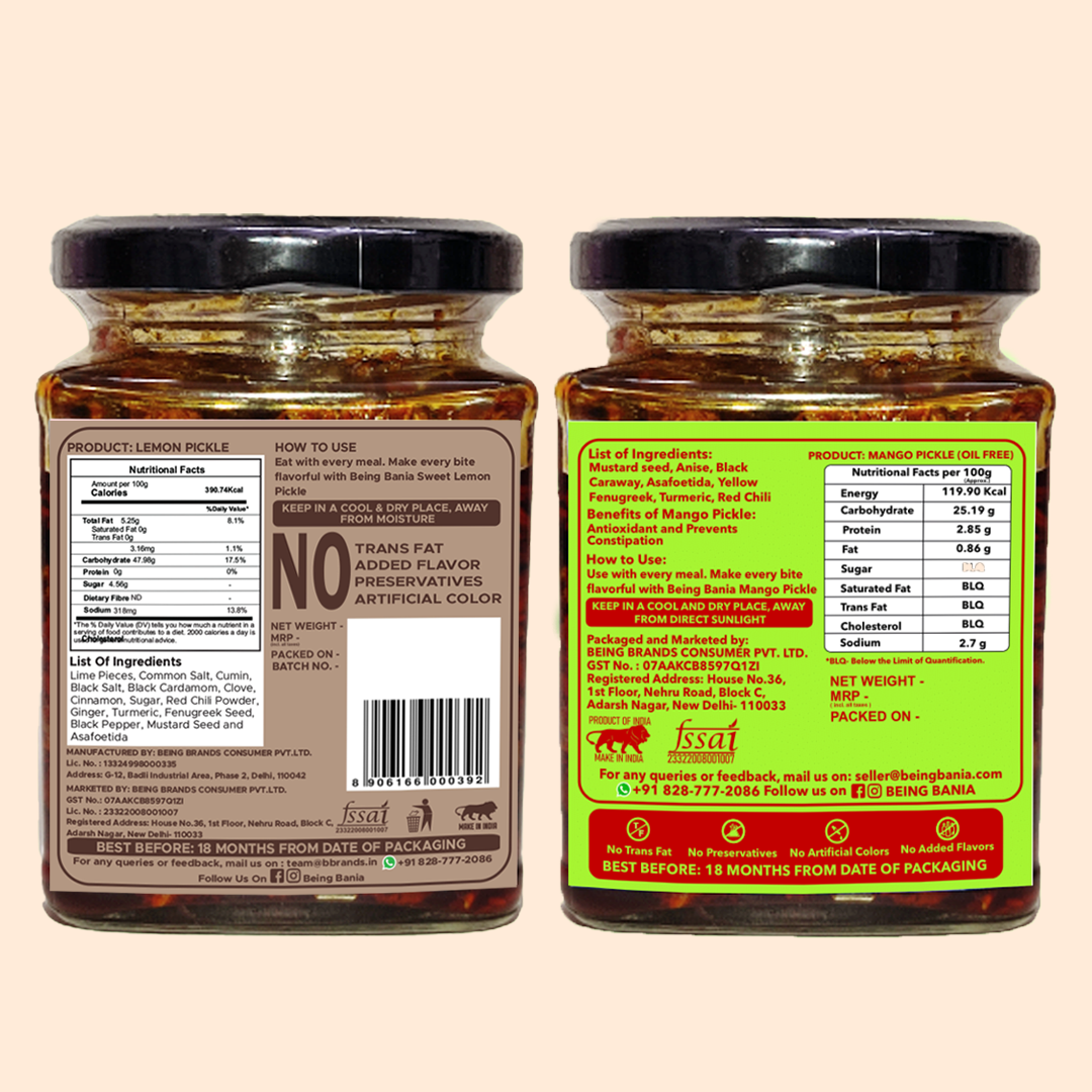 Oil Free Pickle Combo - Mango Pickle and Sweet Lemon Pickle | Homemade and Handmade Achar - 500g