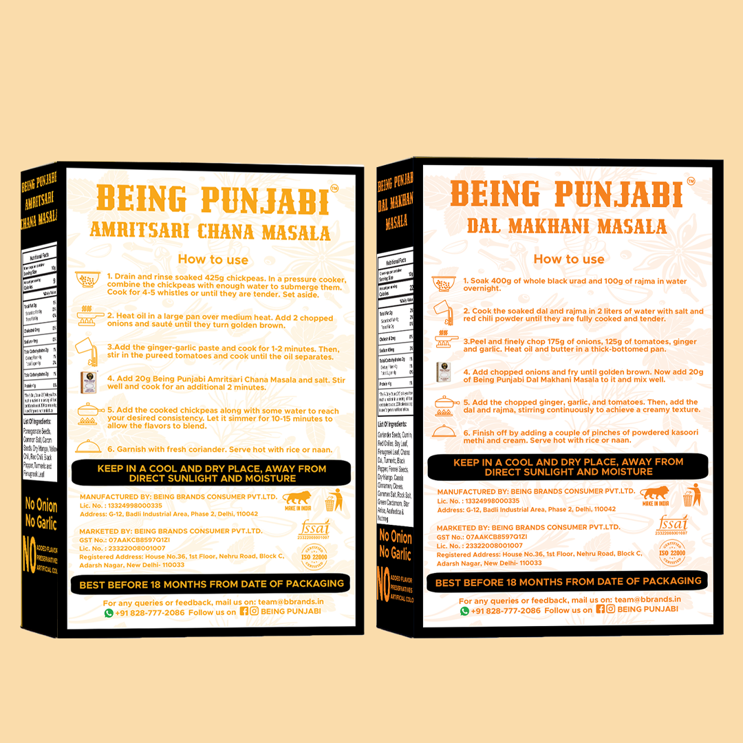 Being Punjabi Amritsari Chana Masala and Dal Makhani Masala Combo | Traditional Indian Spice Blend | Handmade| No MSG No Preservatives | 100GM Each
