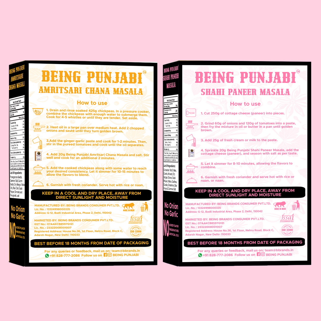 Being Punjabi Amritsari Chana Masala and Shahi Paneer Masala Combo | 100% Natural Spice Blend | No MSG, No Preservatives |100g Each